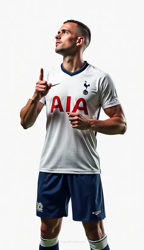 27-year-old male ,buzz cut,athletic and muscular body, And the marked mandible, with a with a white Tottenham Hotspur soccer jersey and navy blue Tottenham Hotspur shorts, poses on a white background. He is posing dynamically, looking in profile, with one ...