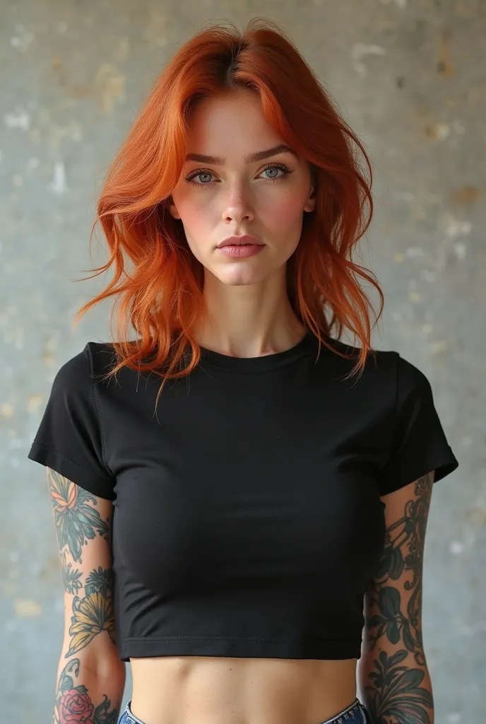 ** Description :**

A woman with red hair, wearing a black cotton crop top, short sleeve y Round neck. He is standing, looking directly in front, with a relaxed and natural posture. Her arms are relaxed or in a casual pose. El crop top es completamente see...