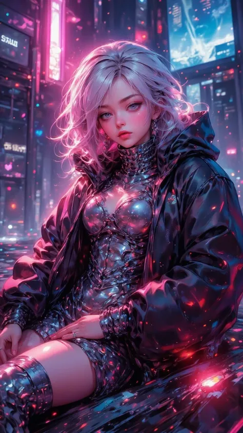 in a futuristic cityscape full of vitality and excitement，A woman with bright hair rests on a smooth neon Next to the building。She wears a high collar bubble coat with metal trim，Fusing future fashion with urban style。The metal mechanical enhancer on her b...