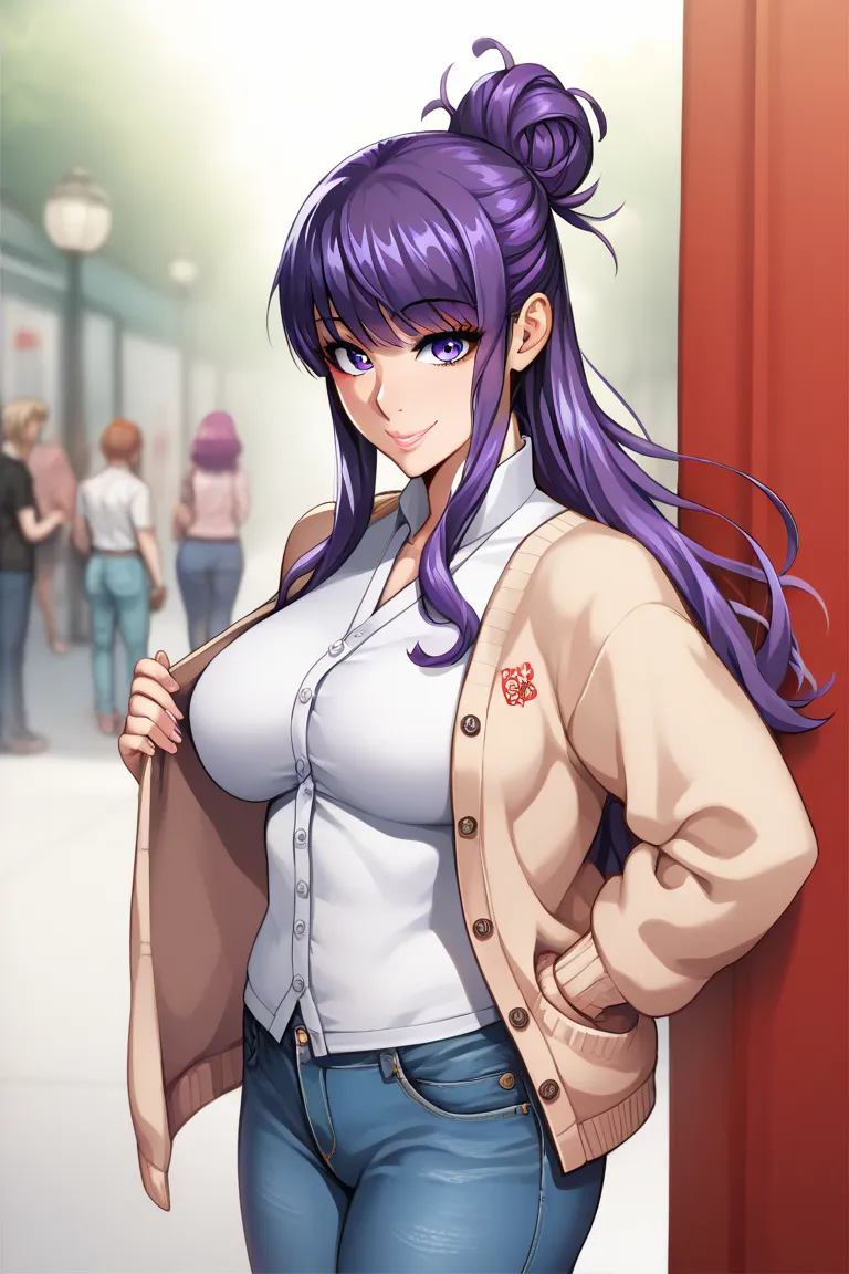 Neromashin style,anime,high quality,best quality,1 girl,(1 girl,Kujo Yukie,36 year's old, standing ,purple hair, medium long hair, straight hair ,single hair bun, half smile,purple eyes,full lips, cardigan, jeans, pumps)