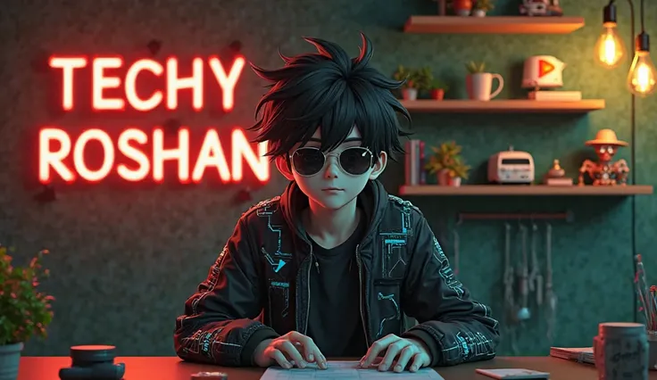 Create an image of a young realistic  male anime character sitting at a modern desk, wearing a black futuristic jacket with glowing circuit patterns. The character has spiky black hair and is wearing dark sunglasses. The background is a dark green wall wit...