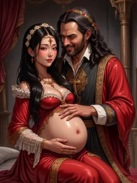 The location is a luxurious cabin on a 16th century sailing ship. One young woman in a Portuguese red dress woven from lustrous silk on a luxurious canopied bed. Age 17. Japanese woman. Long black hair that has grown straight down to her shoulders. She has...