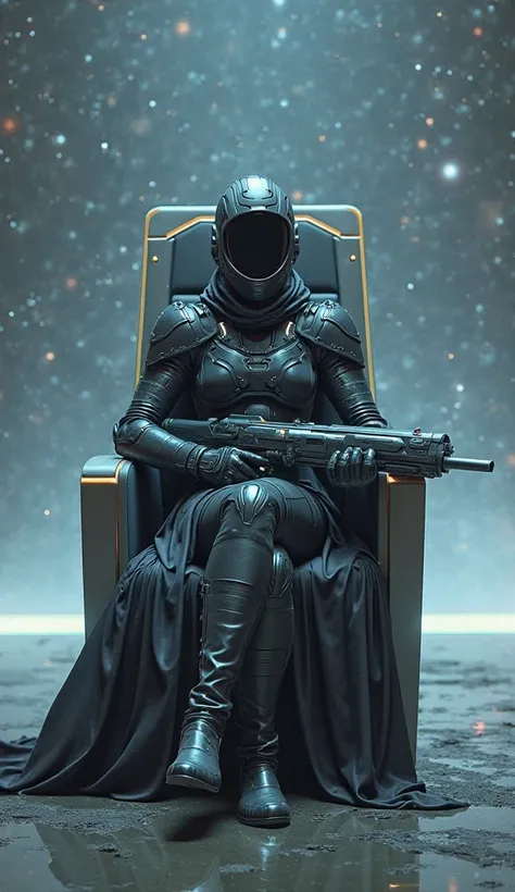 Futuristic Helmet glass balaclava face woman tall Armor darkgrey sitting chair airplane Jat gun 4 galaxy space 