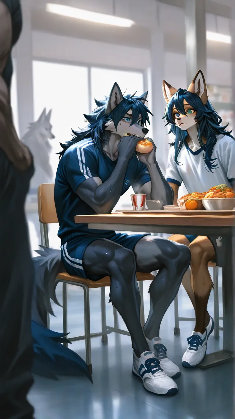 Cafeteria, two male furry, male blue eyes、male short dark blue hair, male furry with muscular body, dark blue black furry male, furry male green eyes, brown fur body, male muscular body, long hair, snout, wolf ears, wolfy furry fox (light color:1.4)GBF_sty...