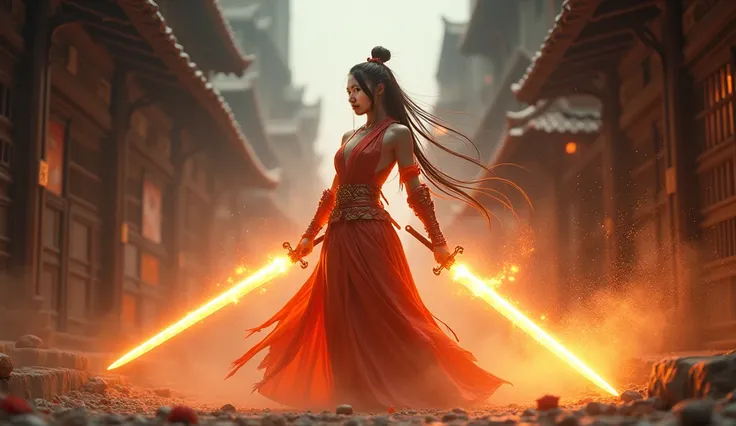 A beautiful Asian female magic swordswoman with orange effects emanating from her blade, standing in the center of a narrow alleyway, casting a spell, with beams of light shooting up from the ground and illuminating the background, intense focus in her eye...