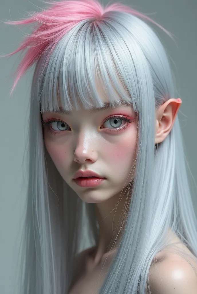 her hair is long and straight with an all gray and a tuft of pink hair,her eyes are pink with a hint of blue  