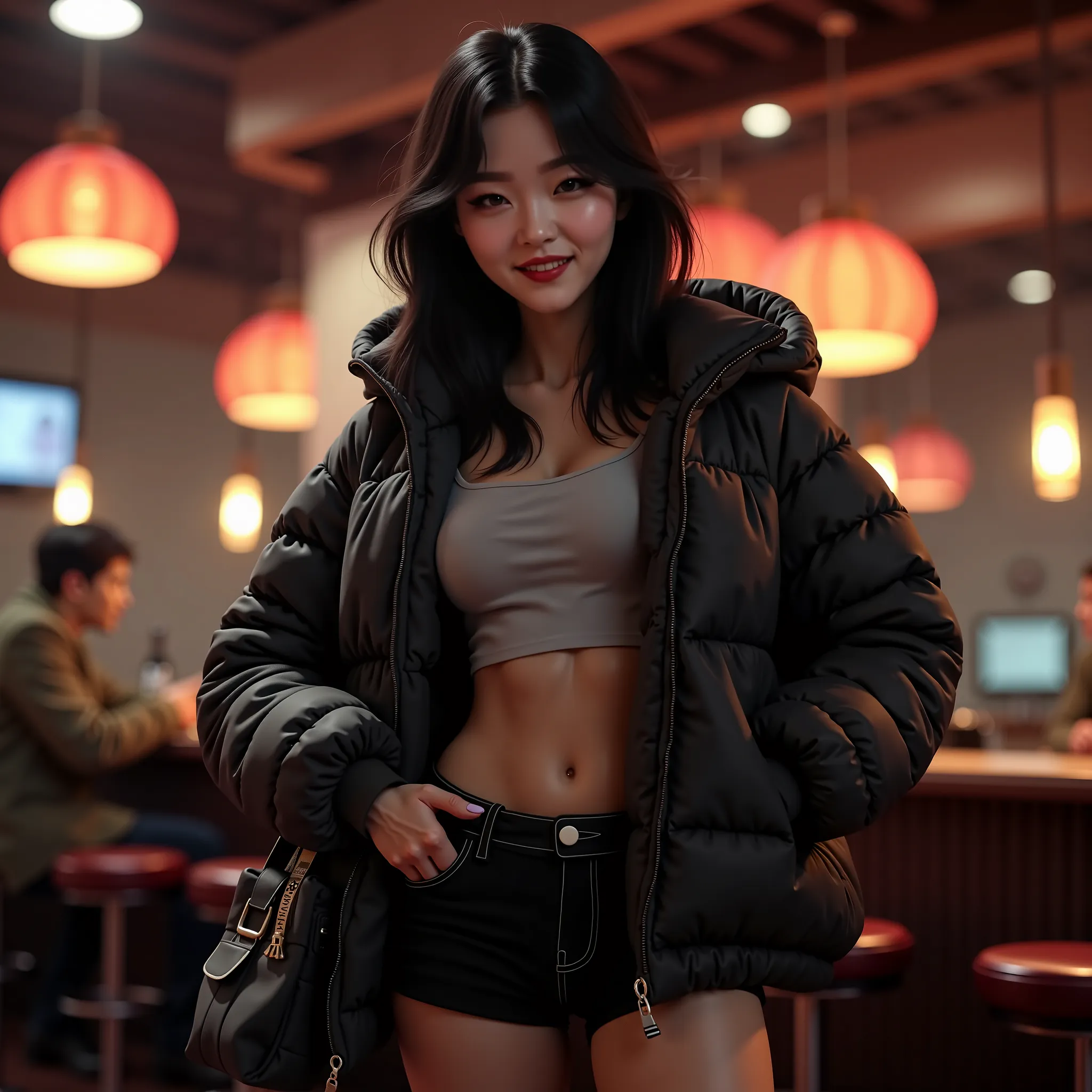 (best quality,4k,8k,highres,masterpiece:1.2),ultra-detailed, Korean Goddess Eopsin as a college student, Woman of Korean decent, black hair, rich girl, bulky jacket with many pockets, carrying a large purse with many pockets, Arrogant smile on her face, lo...