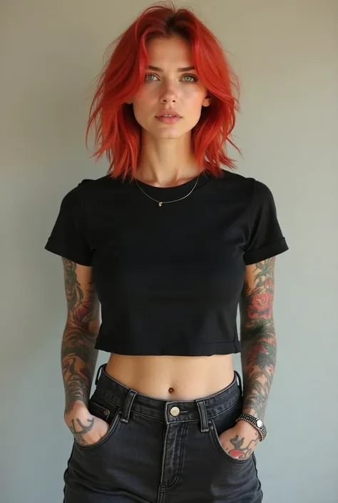 ** Description :**

A woman with red hair, wearing a black cotton crop top, short sleeve mediana y Round neck. He is standing, looking directly at the front, with a relaxed and natural posture. Her arms are relaxed or in a casual pose. El crop top es compl...