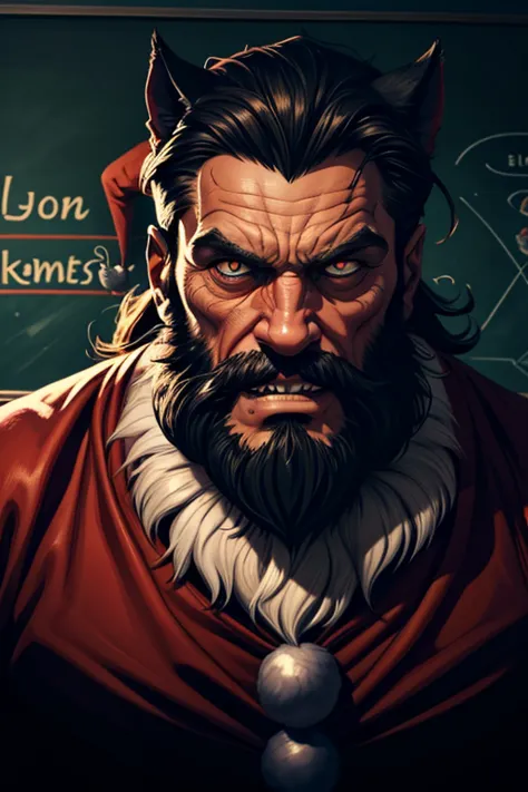 A wolf man that looks like an evil Santa Claus standing in front of a classroom blackboard. He is snarling at the camera. Dark and scary ambiance. Comic-style realism animation mixed with digital painting. Polished and realistic effect. Emphasis on detaile...