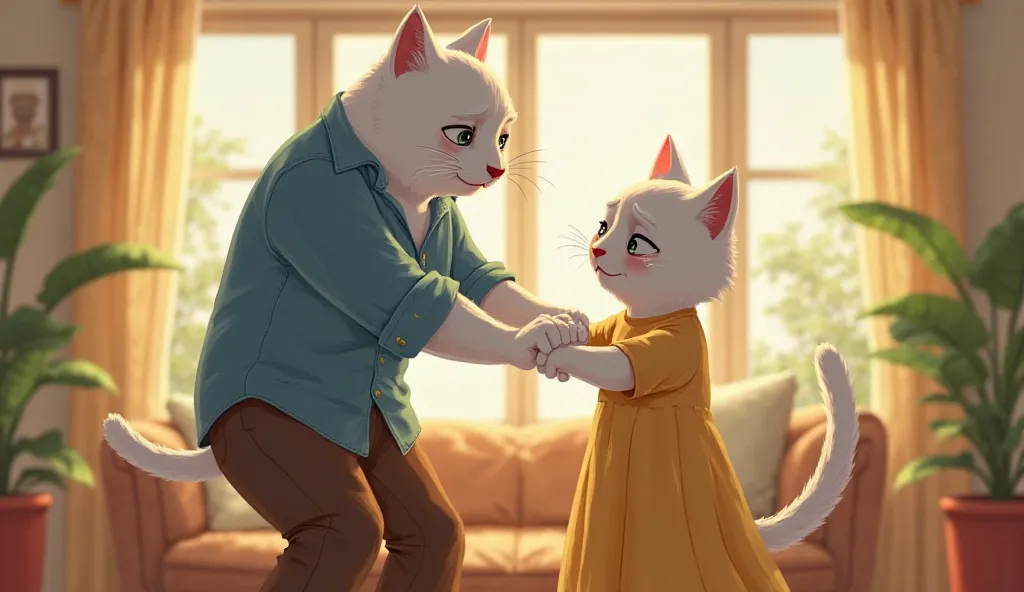 A white anthropomorphic cat couple in an intense emotional scene inside a warmly lit living room. The male cat, tall and muscular, wears a blue button-up shirt with rolled-up sleeves and brown pants. His expression is serious and determined as he pulls awa...