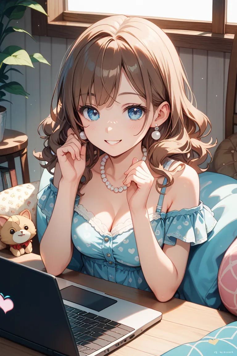 A cute anime-style girl with long wavy brown hair, big blue eyes, and a warm smile, sitting in front of a laptop. She is wearing pearl earrings and a pearl necklace, along with a delicate lace-trimmed camisole. The background is pastel-colored with soft, c...