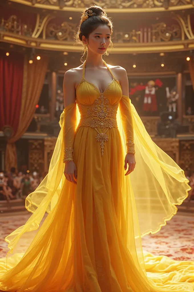 Create a female character by wearing an elegant yellow Chinese dress dangling down,  hair in a neat bundle. Being on the lavish American got talent stage