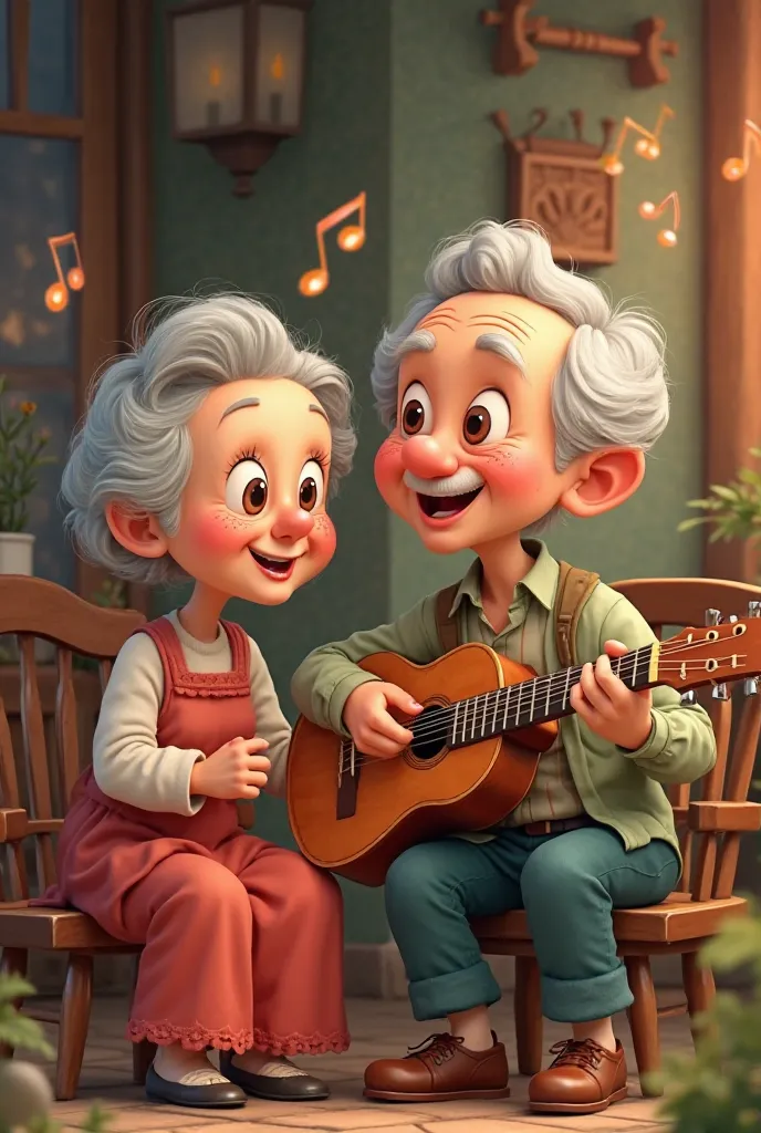 Old cartoon husband and his wife are singing with a guitar 