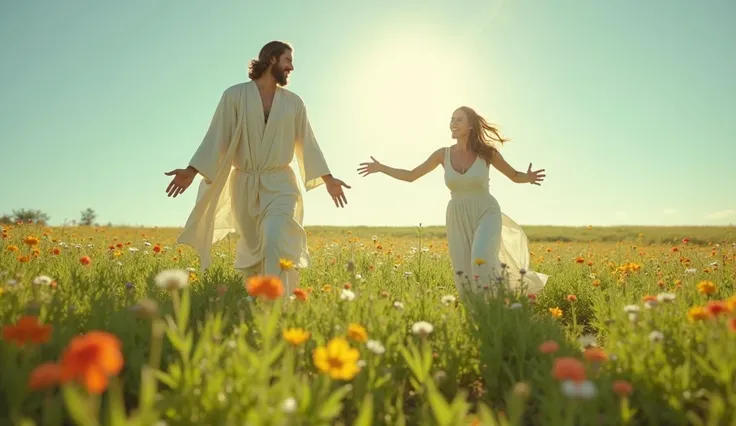 In a vast green and serene field, uma pessoa está correndo com os braços abertos em direção a jesus Cristo, that is ahead,  with an expression of love and welcome . The field is filled with colorful flowers and the sky above is clear,  with the sun shining...