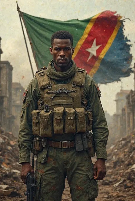 A soldier at war with the flag of the DRC