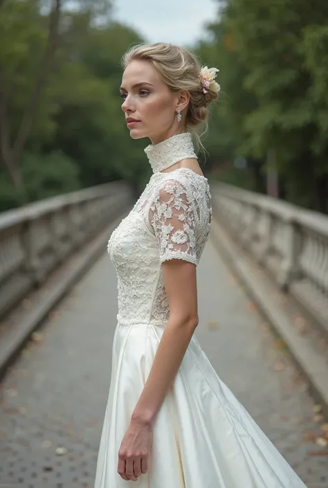 "A beautiful veteran woman with an extremely long neck. She wears a wedding dress ,  completely white, with a tight high collar, corrugated , that wraps around and covers her entire long neck. The fabric of the dress is made of delicate lace and satin, wit...