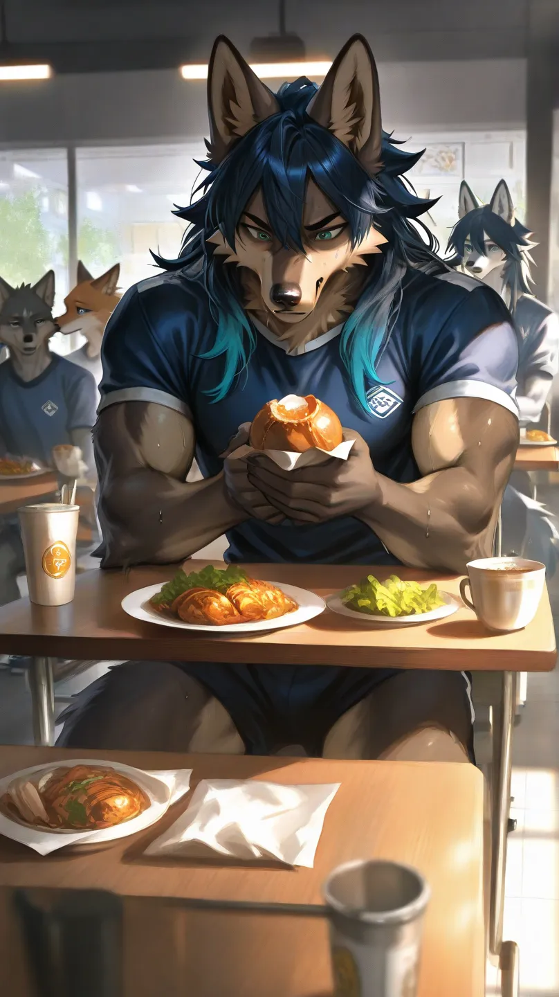 Cafeteria, two male furry, male blue eyes、male short dark blue hair, male furry with muscular body, dark blue black furry male, furry male green eyes, brown fur body, male muscular body, long hair, snout, wolf ears, wolfy furry fox (light color:1.4)GBF_sty...