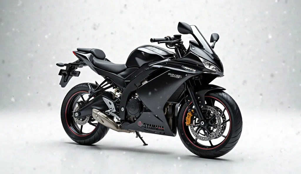 Generate a high-resolution, fully realistic image of a (  2025 Yamaha R15 V5) in ( black) , with a sleek and modern exterior, futuristic wheels, and a shimmering body color, displayed in a luxurious showroom full white and clean with a. The image should be...