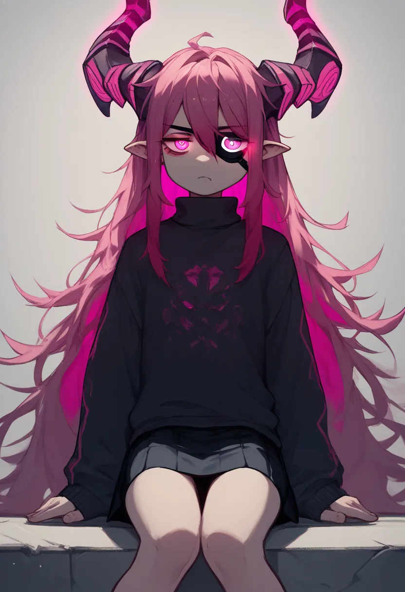 Anime girl with eyepatch and tatto of his legs, black sweater, medium black skirt, magenta hair, long hair, vibrant inner hair, pink eyes, neon eyes, glowing eyes, dragon horns, glowing horns, ornament on right horn, tired eyes, tired look,