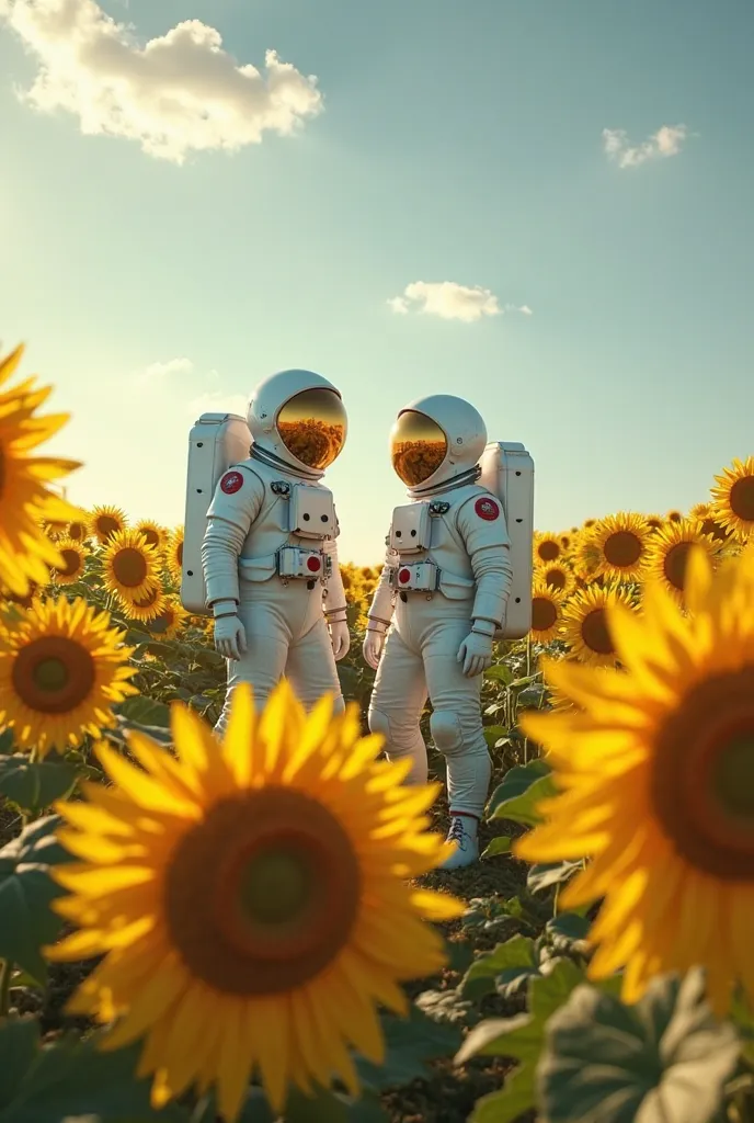 Two astronauts in a sunflower field 