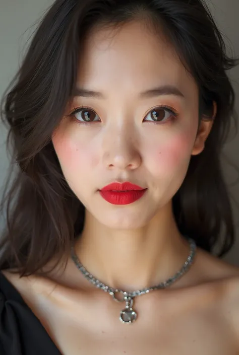 a close up of a woman with a red lipstick and a necklace, asian beautiful face, asian face, beautiful asian woman, south east asian with round face, beautiful asian girl, detailed face of a asian girl, an asian woman, asian features, gorgeous attractive fa...