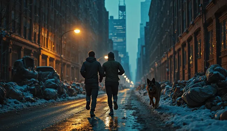 A late evening scene in downtown Chicago, USA. Michael Carter, an athletic Marine in casual running gear, jogs with his German Shepherd, Titan. The cold air is visible. Suddenly, Titan stops in front of a dark alley, ears perked, body tense, growling. A di...