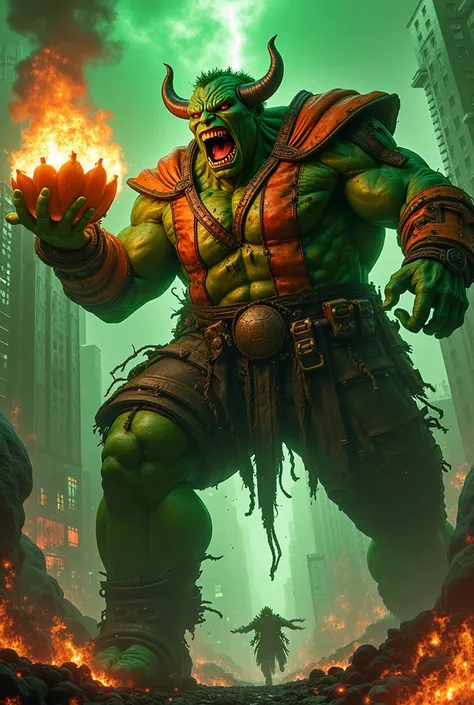 Carrasco Esmeralda (Hobgoblin + hulk)

 Image Description :
A giant monster, green and covered by an orange cyberpunk-style costume mixed with ragged steampunk, holds a flaming pumpkin the size of a car. His laugh echoes like thunder, and its flying board ...