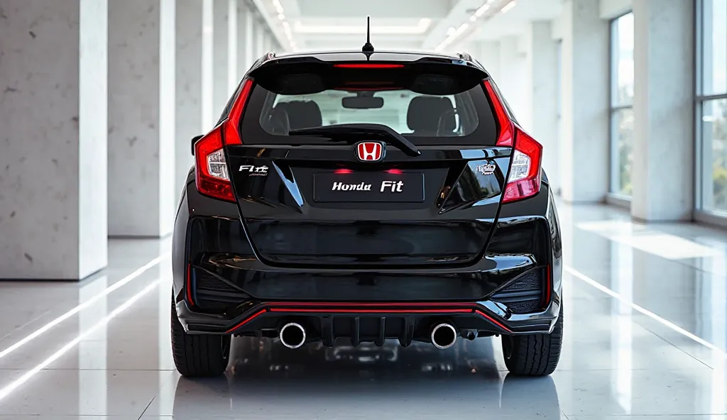 Back   view of painted black with shiny clour Modren (2025 Honda Fit sleaek in large shape sedan in large size with (   Honda Fit )logo on its large detailed grille in shiny red refelection falling on car clour with angular sporty design captured from back...