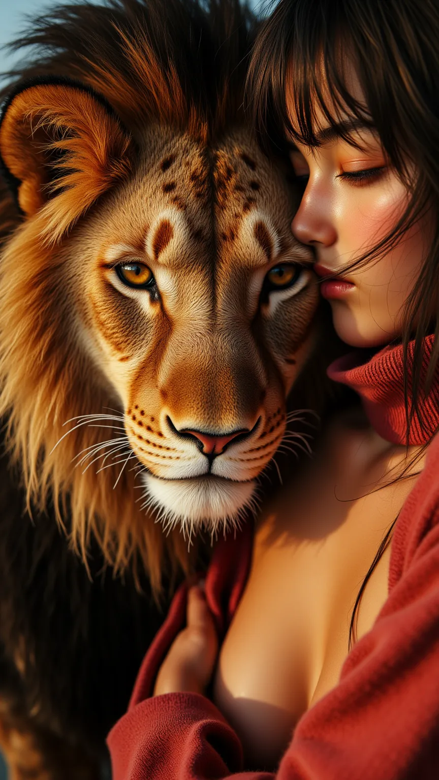 A majestic lion in the color of orange, golden, fawn, sur lui une femme guerrière au cheveux courts couleur chocolat, She has luminescent brown eyes, son armure est rouge doré  work of art,  work of art,  work of art,  work of art, Details, HD model, High ...