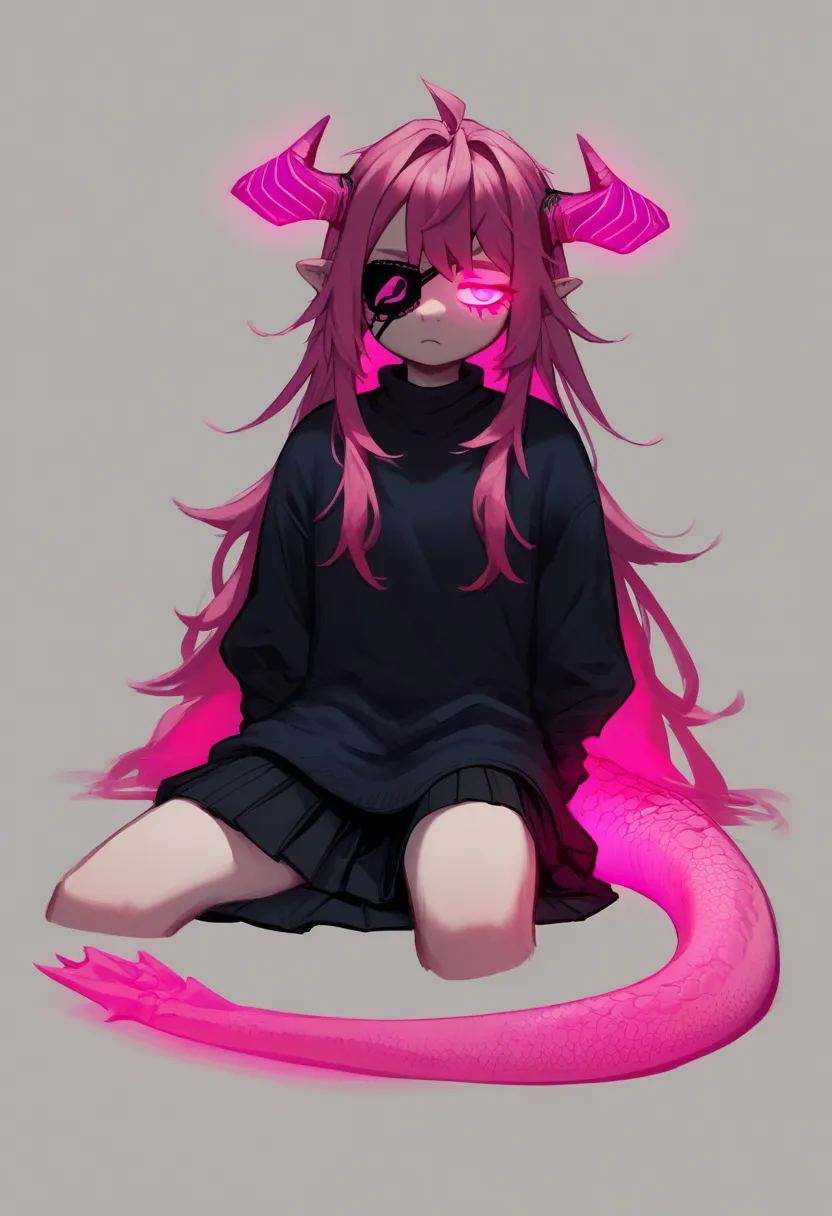 Anime girl with eyepatch and tatto of his legs, black sweater, medium black skirt, magenta hair, long hair, vibrant inner hair, pink eyes, neon eyes, glowing eyes, dragon horns, glowing horns, ornament on right horn, tired eyes, tired look, lizard tail, pi...