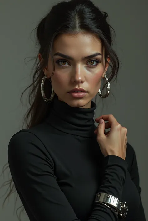 Woman in turtleneck, hoop earrings and handcuffs 