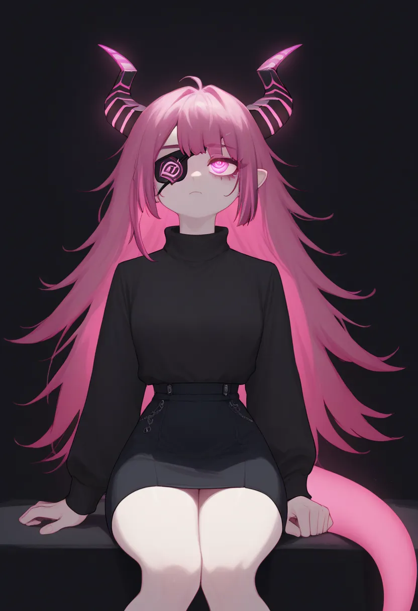 Anime girl with eyepatch and tatto of his legs, black sweater, medium black skirt, magenta hair, long hair, vibrant inner hair, pink eyes, neon eyes, glowing eyes, dragon horns, glowing horns, ornament on right horn, tired eyes, tired look, lizard tail, gl...