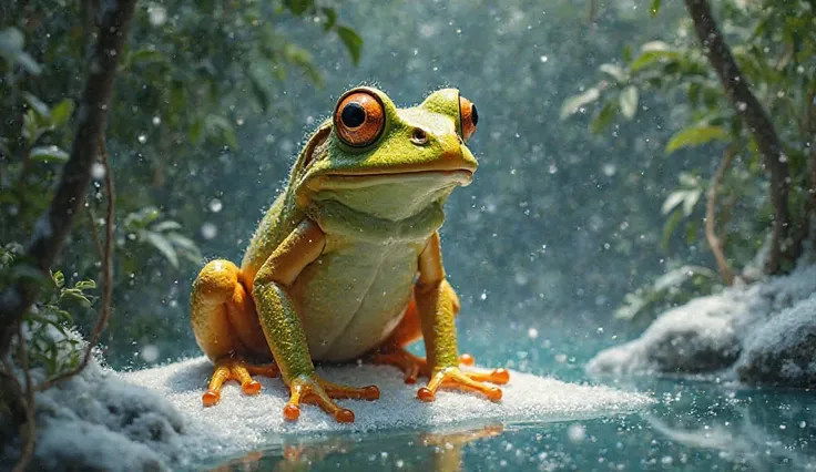 Dj golden Frog sitting in right side snow and water on the side in jungle background 