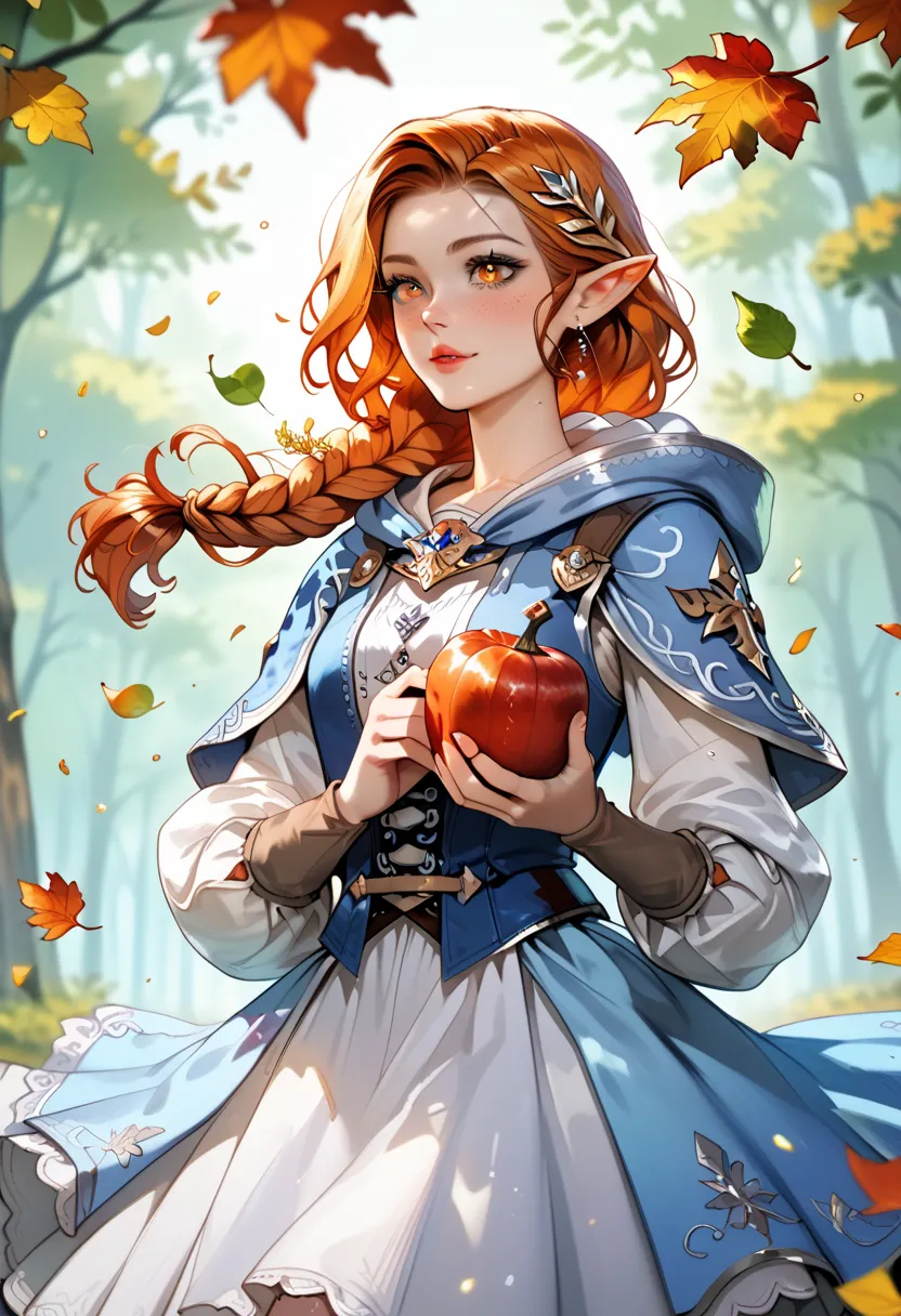 score_9, score_8_up, score_7_up, (masterpiece, UHD, 8K, 16K, ultra detailed), sfw, upperbody shot, 1girl, elf, orange eyes, one side braided hair, ginger hair, holding a red leaf, white dress with hood, intricate details, (murmuring leaves), (wind:1.2), (m...