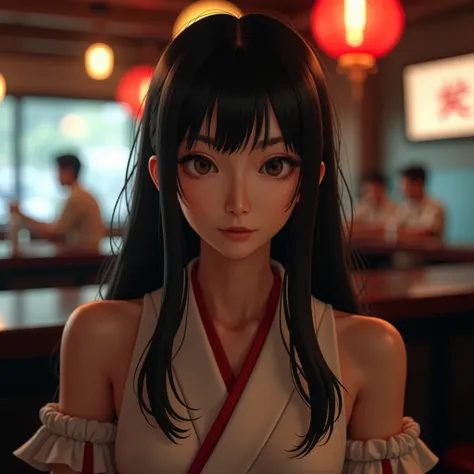 (best quality,4k,8k,highres,masterpiece:1.2),ultra-detailed, Japanese Goddess Amaterasu as a college student, Adult Japanese woman. realistic Japanese features, Black hair, at a campus bar, smiling at viewer, HDR, 8k, absurdres, cinestill 800, sharp focus,...