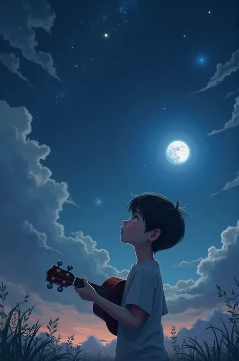 In night a  boy looking at the cloud and holding ukulele 