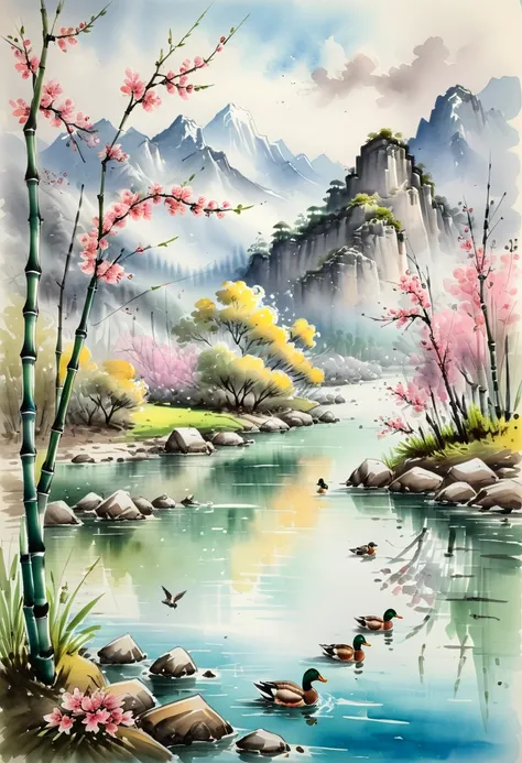  watercolor landscape , There are peach blossoms and bamboo in the spring river. Peach blossoms in full bloom, Elegant pink swaying by the water, The water in the Spring River is warm and quiet. A mallard follows a pair of ducks，Fly through the alpine jung...