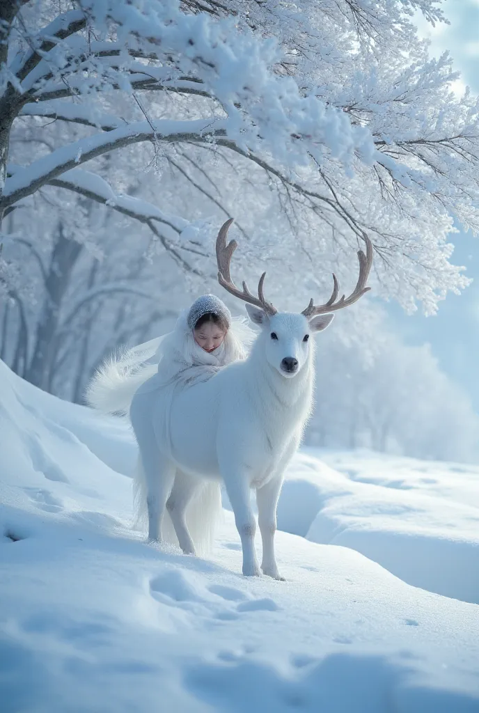 The ice and snow deer that comes leisurely, the pure white body realizes the ice and snow wonderland, Yan Jun becomes the wind, exhales white air in the transparent air, and the ethereal tree together forms a dreamy scene, high-quality CG portrays a magnif...