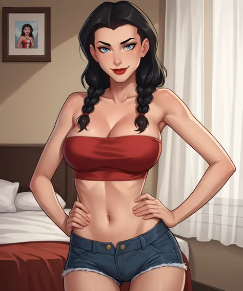 safe_pos, PonyXLV6_Scores BREAK ((parody style, parody), perfect anatomy, perfect eyes, cowboy shot), BREAK zatanna, black hair, waterfall braids, blue eyes, light red lipstick, black makeup, ((looking at viewer)), red velvet jean shorts, curvy, athletic, ...