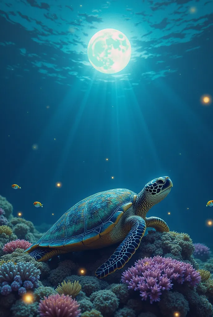 "A wise old sea turtle rests on a glowing coral reef under the tranquil, moonlit ocean. Its eyes shimmer softly as it lifts its flippers in silent prayer, sending gentle ripples through the water. Tiny bioluminescent fish swim around, forming beautiful glo...