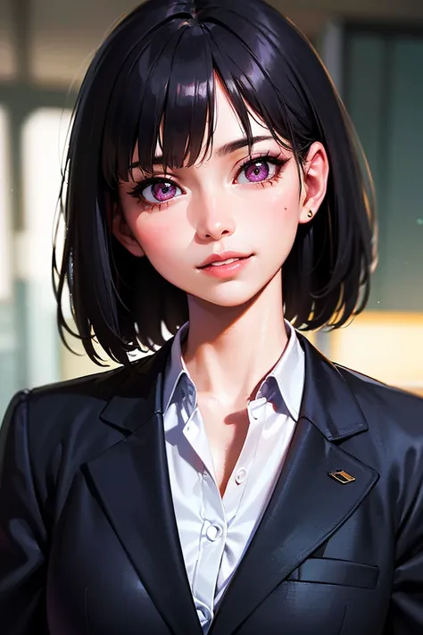 masterpiece, best quality, 1 girl, solo, large breasts, short hair, black hair, pink eyes, office staff suit, jacket, smile