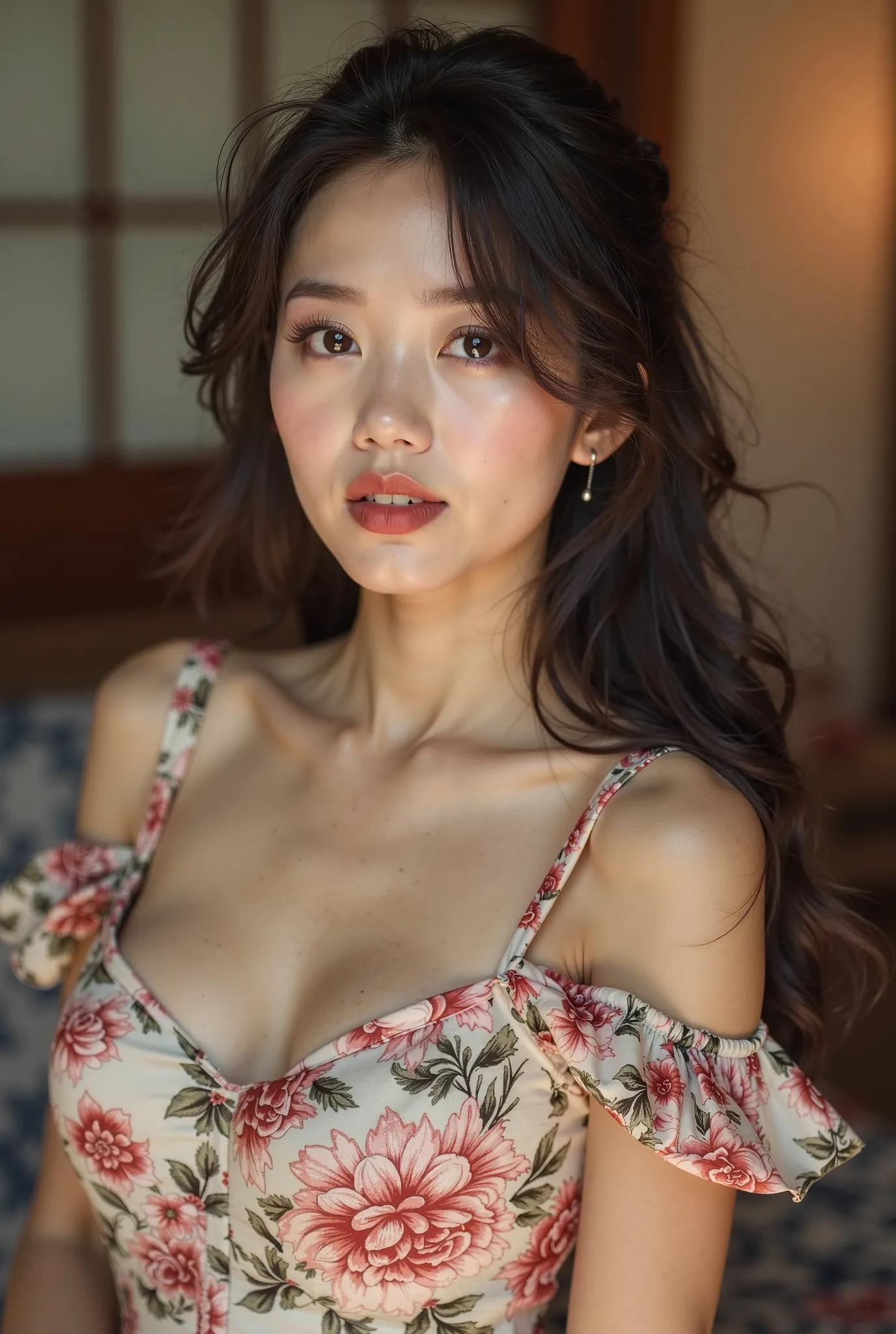 a close up of a woman in a floral dress posing for a picture, a picture by Raymond Han, tumblr, shin hanga, beautiful asian girl, beautiful asian woman, sexy girl, cleavage, jaw-dropping beauty, asian girl, asian woman, with beautiful exotic, jaw dropping ...