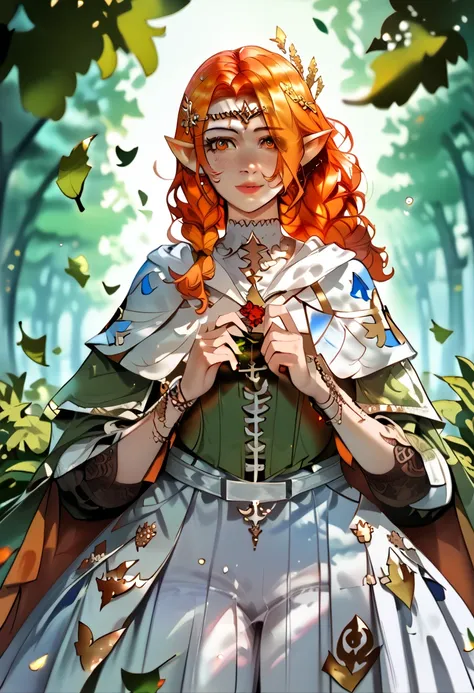 score_9, score_8_up, score_7_up, (masterpiece, UHD, 8K, 16K, ultra detailed), sfw, upperbody shot, 1girl, elf, orange eyes, one side braided hair, ginger hair, holding a red leaf, white dress with hood, intricate details, (murmuring leaves), (wind:1.2), (m...