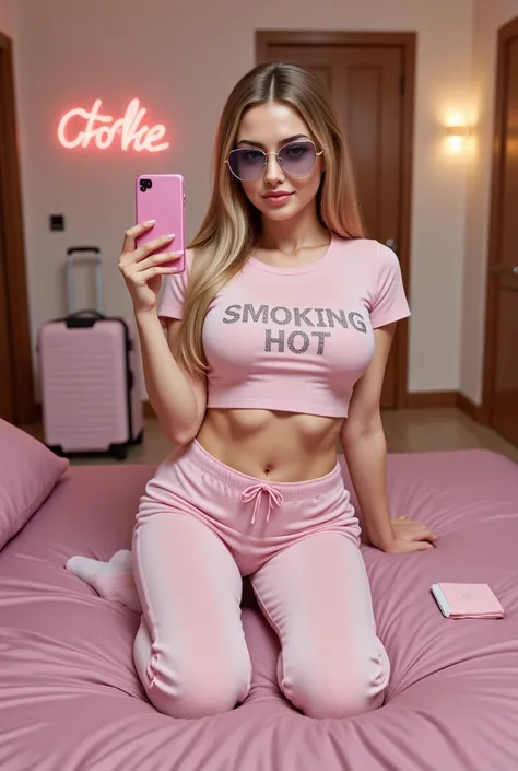 stunning blonde bombshell with an hourglass figure lounges on a pink satin-covered bed, holding her pink iPhone up for a FaceTime call. She wears a cropped baby pink tee with a rhinestone text “SMOKING HOT” exact words. and matching velour sweatpants, her ...