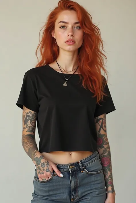 ** Description :**

A woman with red hair, wearing a black cotton crop top, short sleeve y Round neck. He is standing,of the back , with a relaxed and natural posture. Her arms are relaxed or in a casual pose. El crop top es completamente seeds,  backgroun...