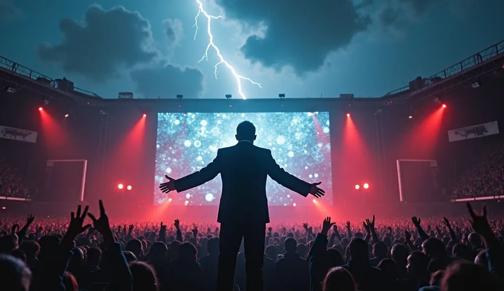 A charismatic figure wearing a dark suit, standing in the center of a huge stage illuminated by floodlights. The audience in front of him enthusiastically applauds, while a large screen behind him displays mysterious symbols. The environment has a futurist...