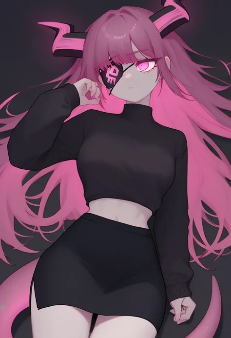 Anime girl with eyepatch and tatto of his legs, black sweater, medium black skirt, magenta hair, long hair, vibrant inner hair, pink eyes, neon eyes, glowing eyes, dragon horns, glowing horns, ornament on right horn, tired eyes, tired look, lizard tail, gl...