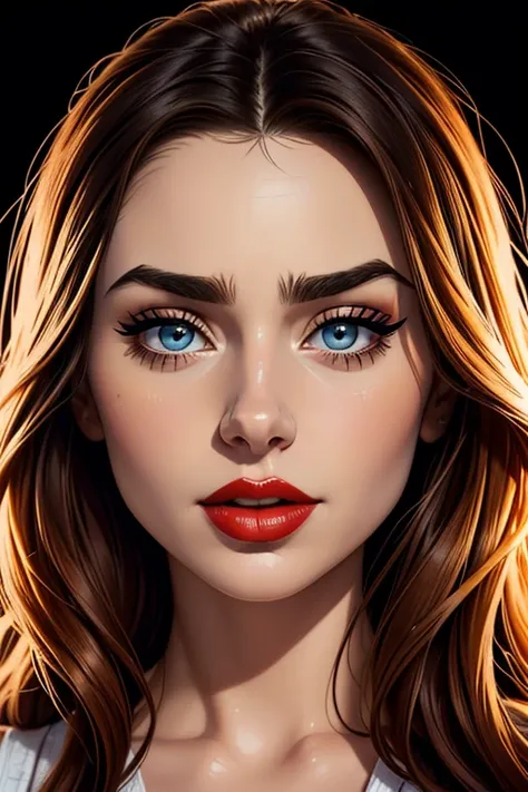 A portrait of a beautiful female whose facial features are a combo of Lily Collins + Grace Phipps. The female's hair is untied and hangs loose. The female has lovely makeup on her face. The female wears red lipstick. Comic-style realism animation mixed wit...