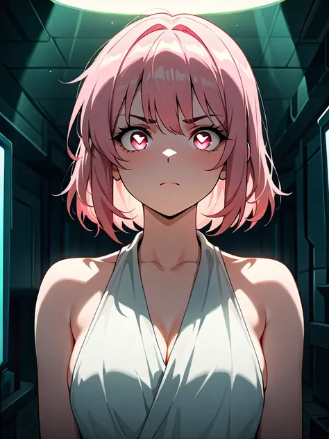 ((((  masterpiece)))), (((( top quality)))),  High Resolution,fine grain, detailed faces,1 girl,pink hair,short hair,sling,heart eye, glows red,experiment,experiment中,experiment室, serious expression, anime,