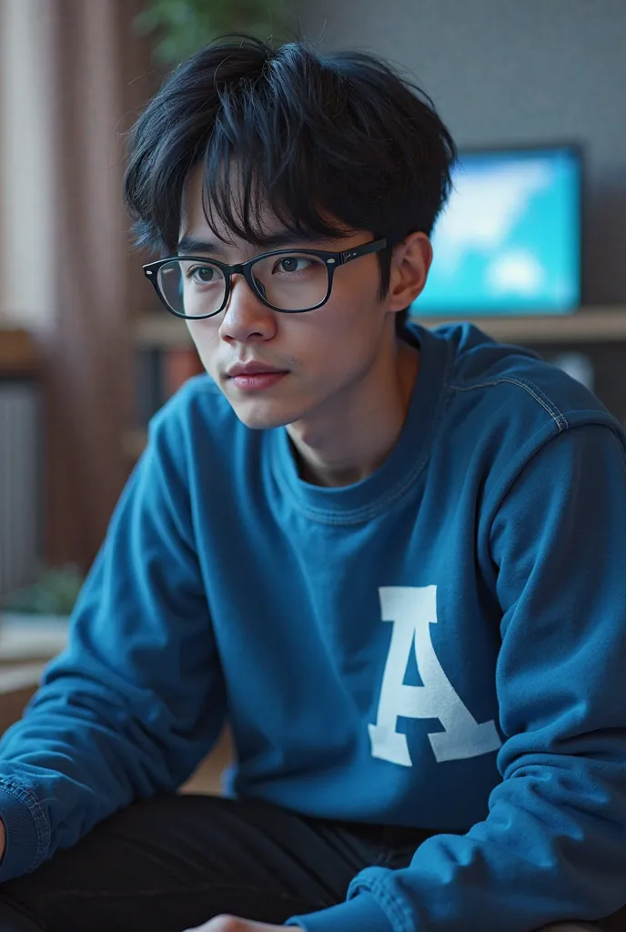 A black-haired character wearing lenses wearing a blue sweatshirt with a capital letter A on his right chest wearing black pants who plays video games
